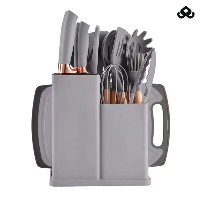 Kit Utensílios de Cozinha Completo – 19 Peças com Tábua de Silicone, Espátula, Faca e Tesoura