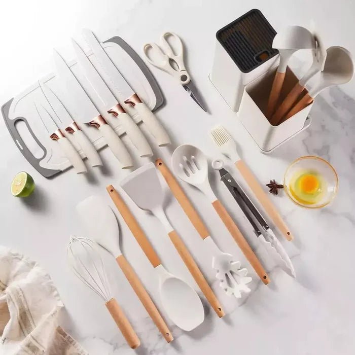 Kit Utensílios de Cozinha Completo – 19 Peças com Tábua de Silicone, Espátula, Faca e Tesoura