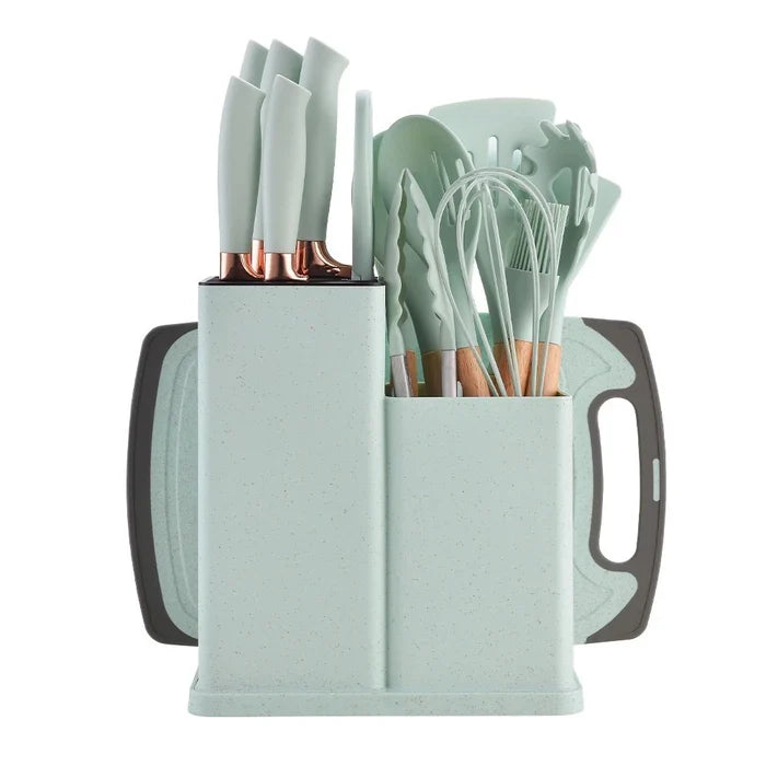 Kit Utensílios de Cozinha Completo – 19 Peças com Tábua de Silicone, Espátula, Faca e Tesoura