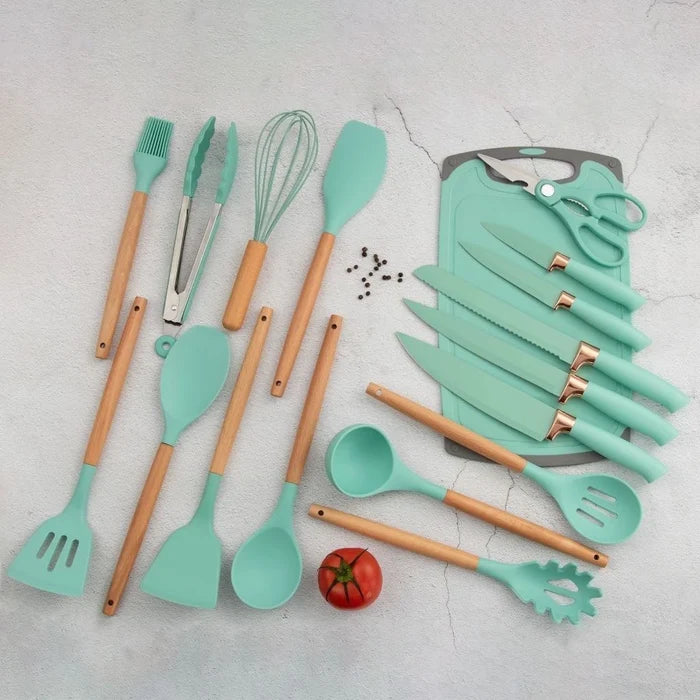 Kit Utensílios de Cozinha Completo – 19 Peças com Tábua de Silicone, Espátula, Faca e Tesoura