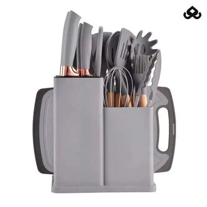 Kit Utensílios de Cozinha Completo – 19 Peças com Tábua de Silicone, Espátula, Faca e Tesoura