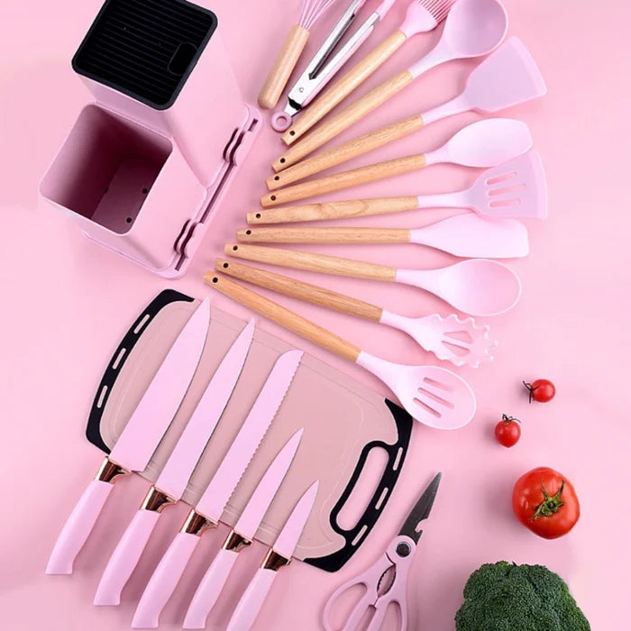 Kit Utensílios de Cozinha Completo – 19 Peças com Tábua de Silicone, Espátula, Faca e Tesoura