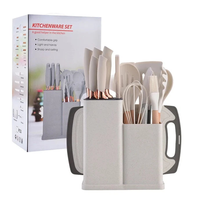 Kit Utensílios de Cozinha Completo – 19 Peças com Tábua de Silicone, Espátula, Faca e Tesoura