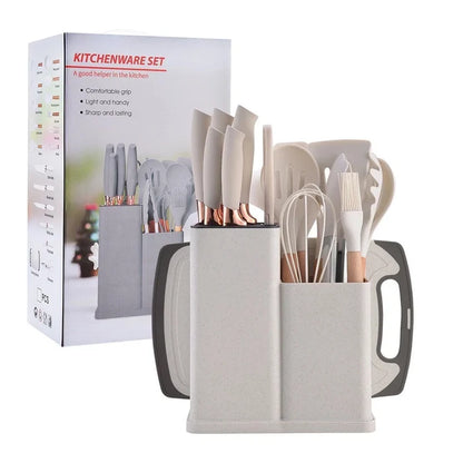 Kit Utensílios de Cozinha Completo – 19 Peças com Tábua de Silicone, Espátula, Faca e Tesoura