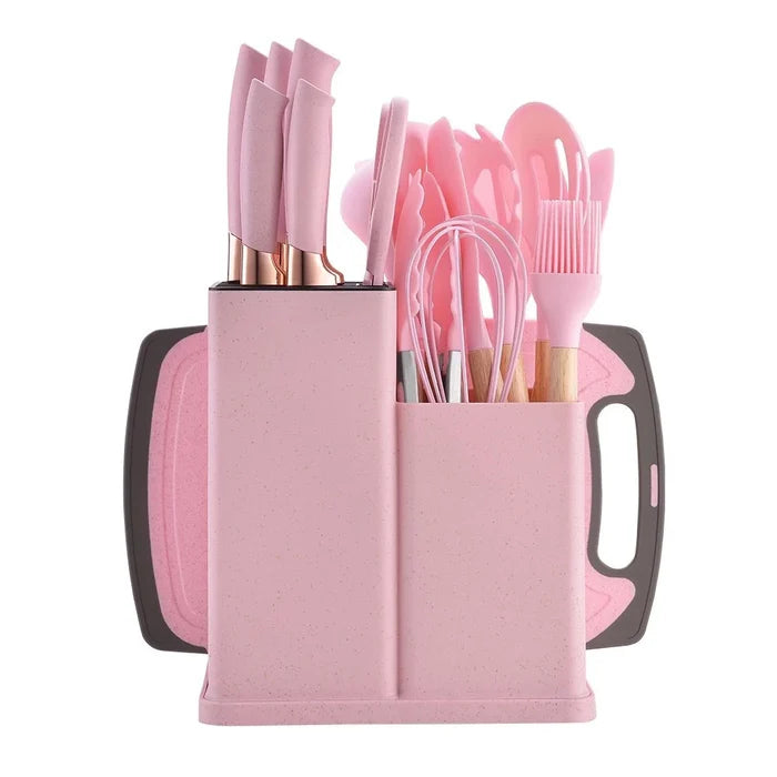 Kit Utensílios de Cozinha Completo – 19 Peças com Tábua de Silicone, Espátula, Faca e Tesoura