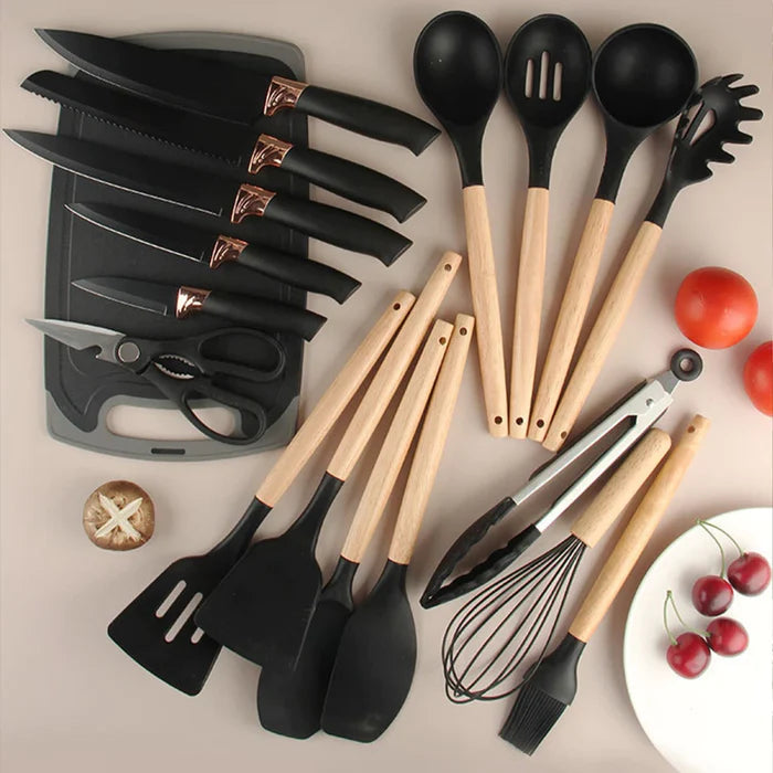 Kit Utensílios de Cozinha Completo – 19 Peças com Tábua de Silicone, Espátula, Faca e Tesoura