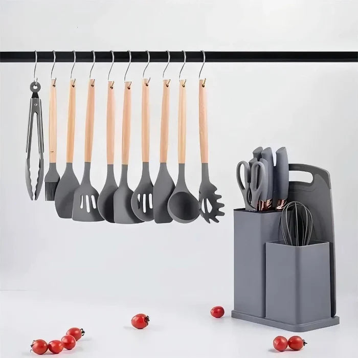 Kit Utensílios de Cozinha Completo – 19 Peças com Tábua de Silicone, Espátula, Faca e Tesoura