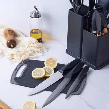 Kit Utensílios de Cozinha Completo – 19 Peças com Tábua de Silicone, Espátula, Faca e Tesoura