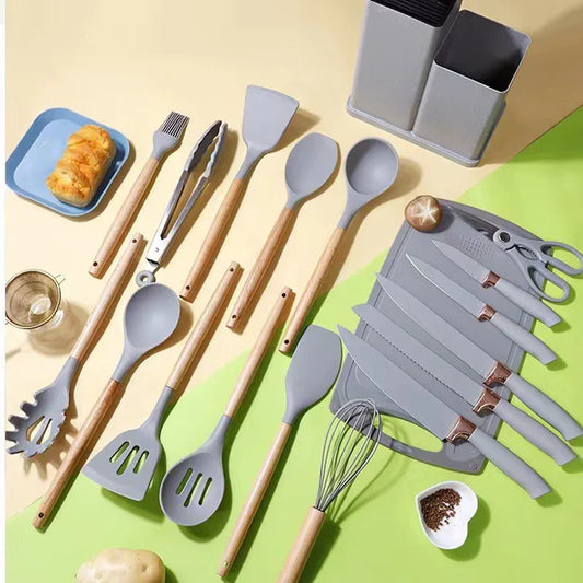 Kit Utensílios de Cozinha Completo – 19 Peças com Tábua de Silicone, Espátula, Faca e Tesoura