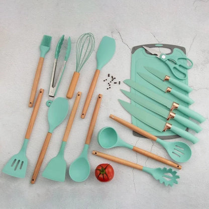 Kit Utensílios de Cozinha Completo – 19 Peças com Tábua de Silicone, Espátula, Faca e Tesoura